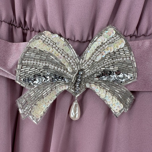 NEW VTG Ursula A Line Midi Dress Chiffon Mauve Pink 7/8 Long Sleeve Beaded Belt - Picture 6 of 14